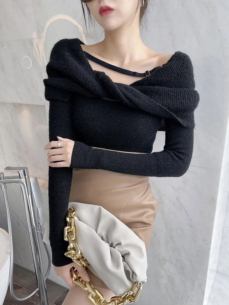 ASHORE Shop Casual Slim Knitted Pullovers For Women Slash Neck Long Sleeve Elegant Sweater