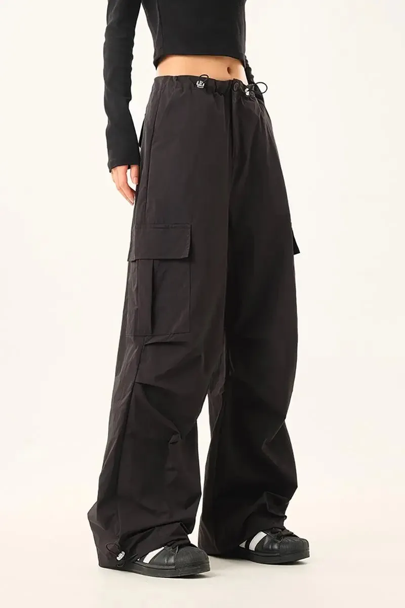 Baggy Low Rise Wide Leg Parachute Cargo Pants with Drawstring