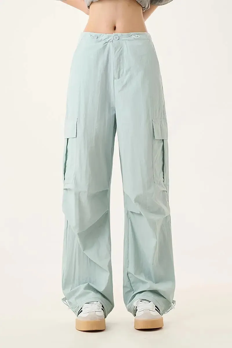 Baggy Low Rise Wide Leg Parachute Cargo Pants with Drawstring