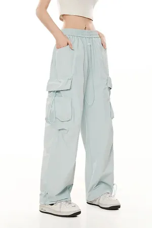 Baggy Low Rise Wide Leg Parachute Cargo Pants with Drawstring