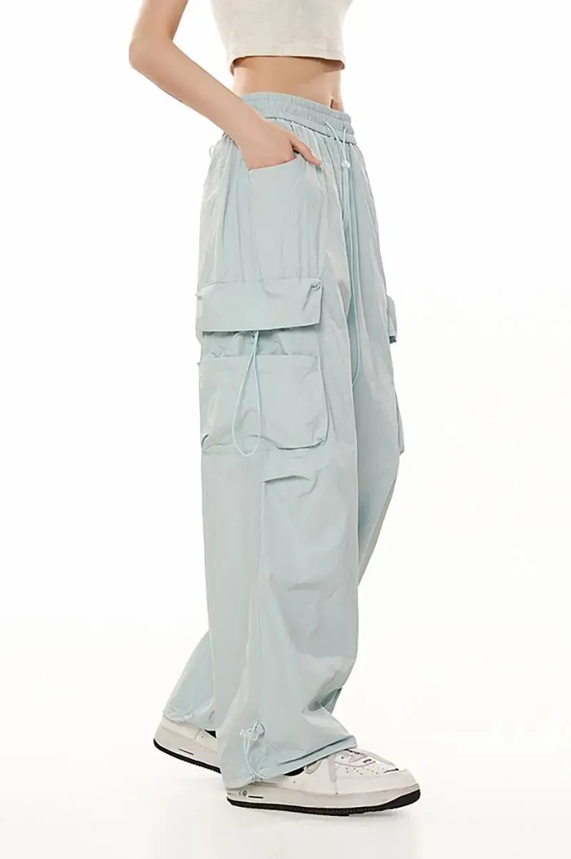 Baggy Low Rise Wide Leg Parachute Cargo Pants with Drawstring