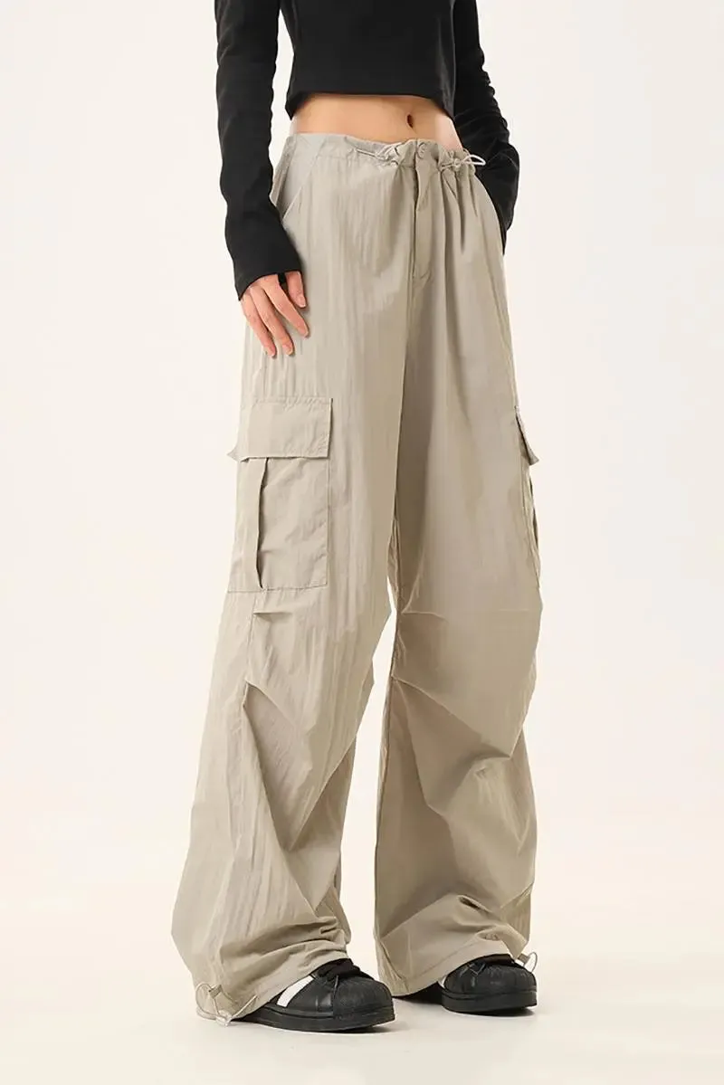 Baggy Low Rise Wide Leg Parachute Cargo Pants with Drawstring