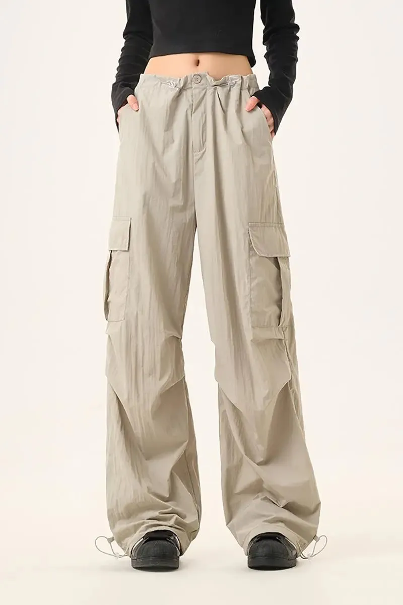 Baggy Low Rise Wide Leg Parachute Cargo Pants with Drawstring