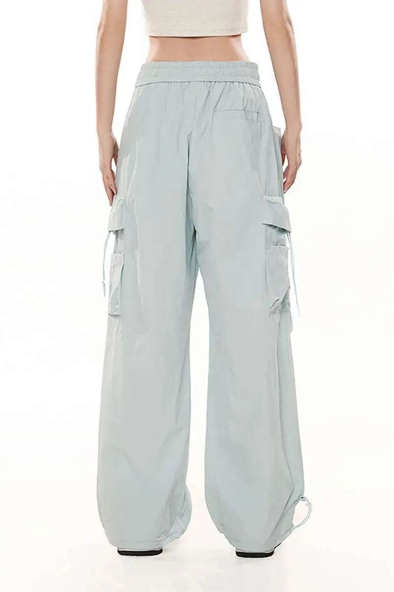 Baggy Low Rise Wide Leg Parachute Cargo Pants with Drawstring