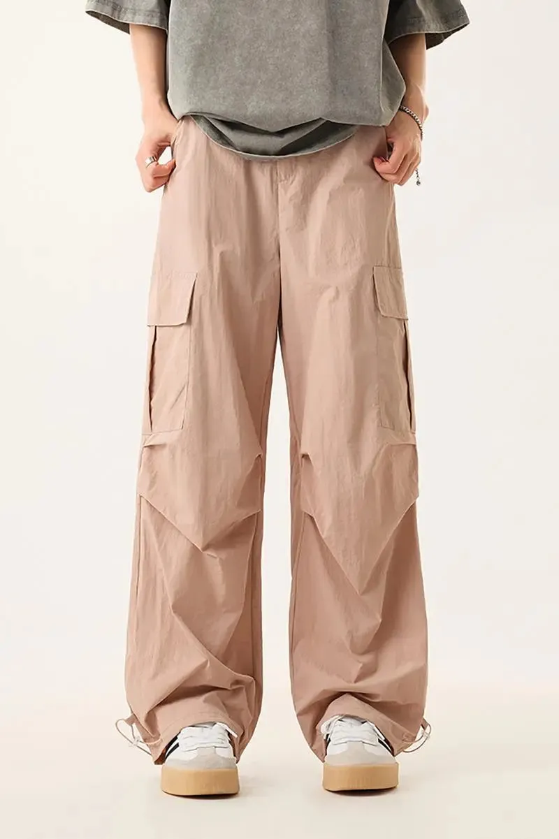 Baggy Low Rise Wide Leg Parachute Cargo Pants with Drawstring