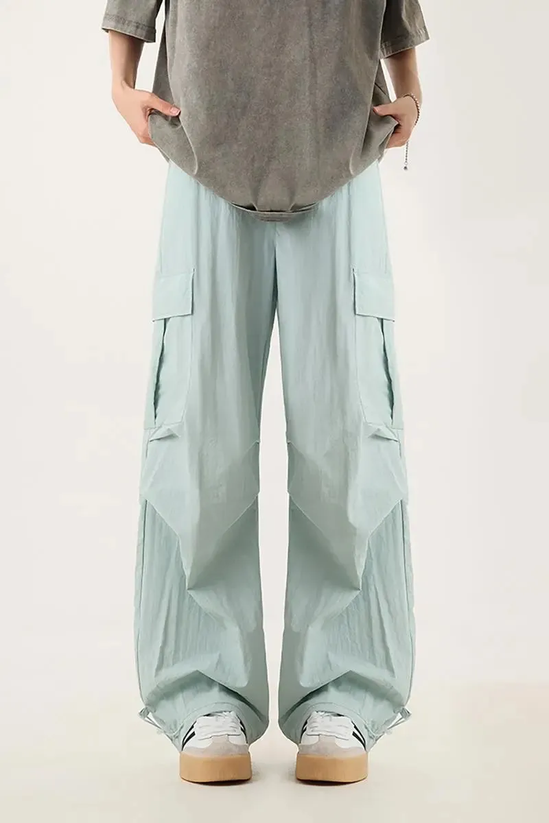 Baggy Low Rise Wide Leg Parachute Cargo Pants with Drawstring