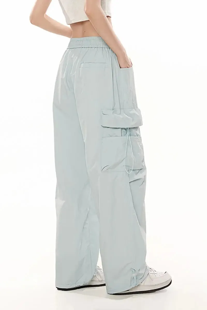 Baggy Low Rise Wide Leg Parachute Cargo Pants with Drawstring