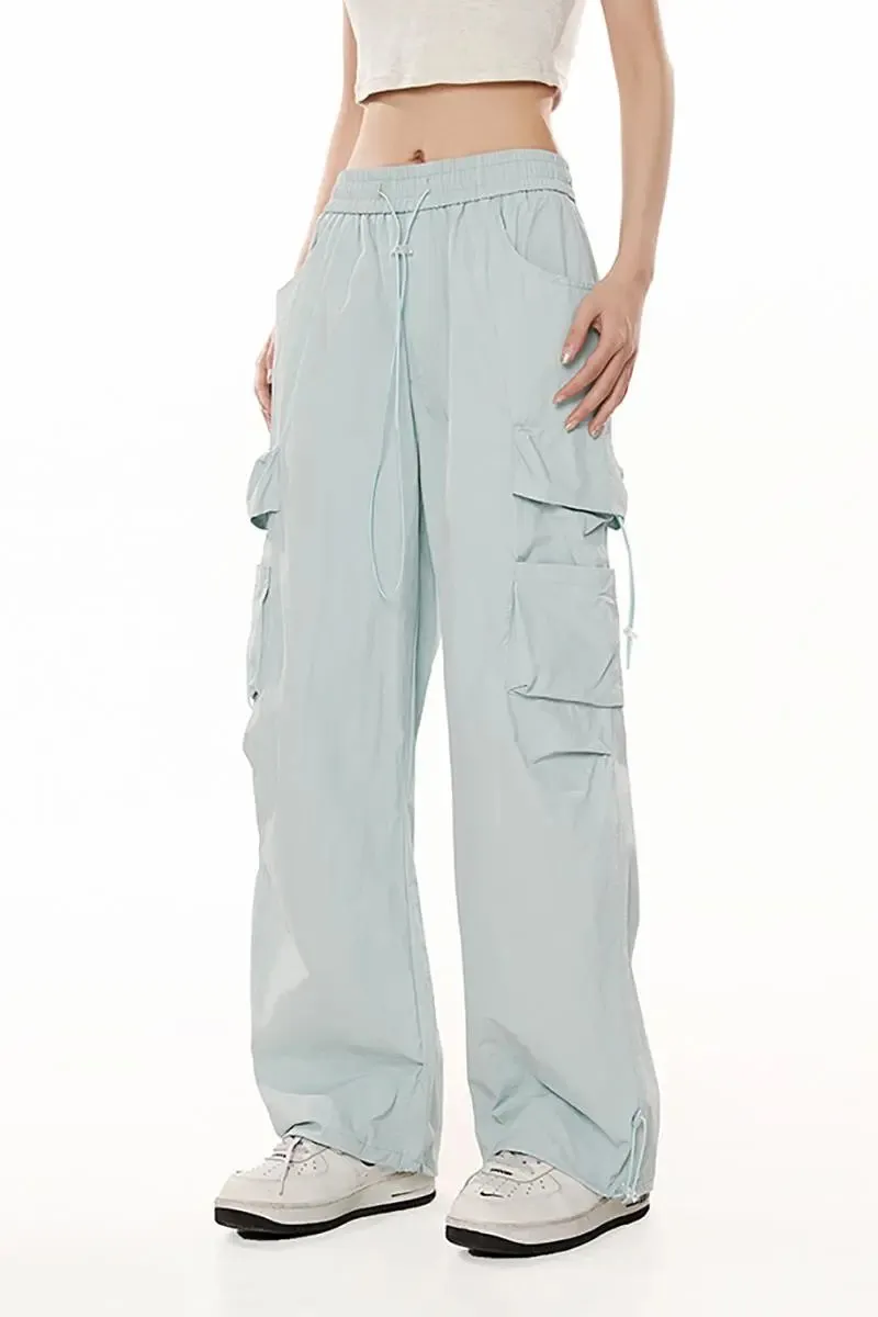 Baggy Low Rise Wide Leg Parachute Cargo Pants with Drawstring