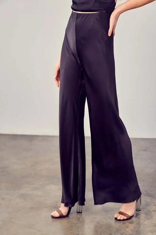 Black Satin Relaxed  Flared Pants