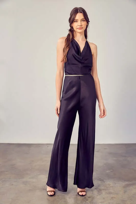 Black Satin Relaxed  Flared Pants