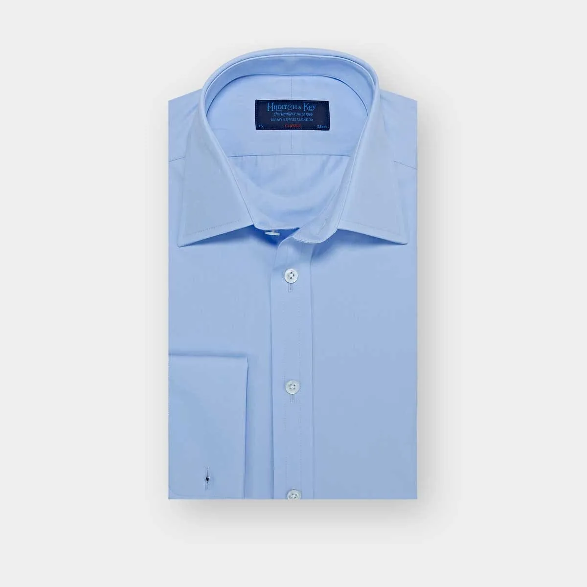 Classic Fit Plain Sky Blue Cotton Poplin Shirt with Classic Collar & Double Cuff