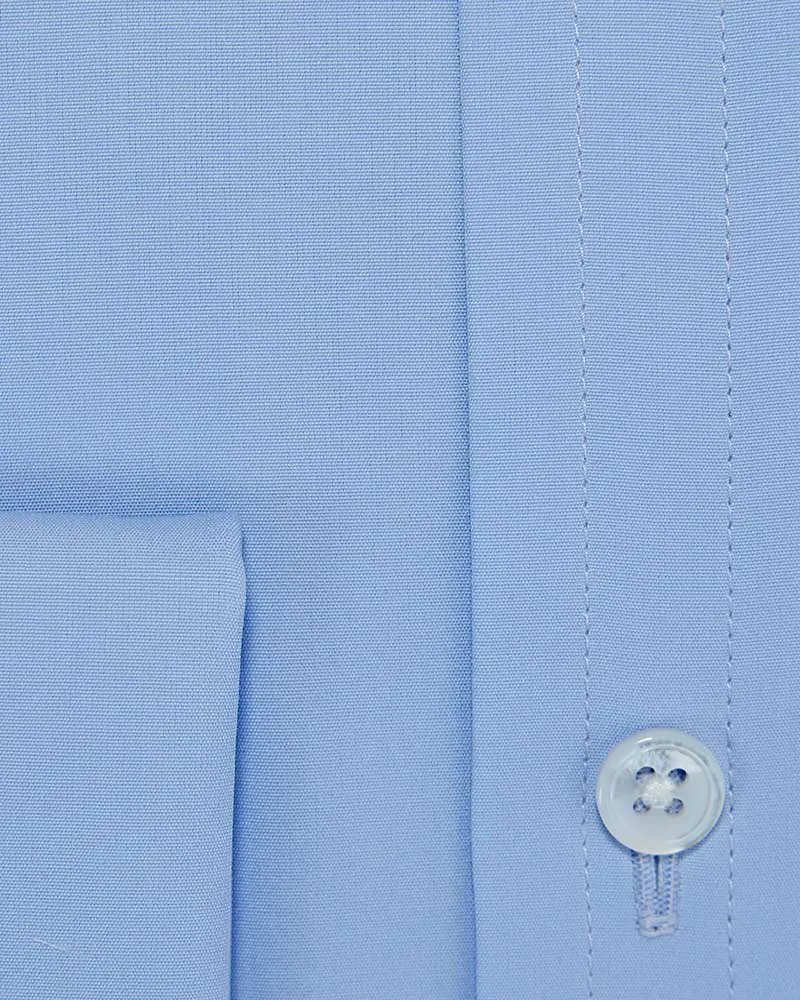 Classic Fit Plain Sky Blue Cotton Poplin Shirt with Classic Collar & Double Cuff