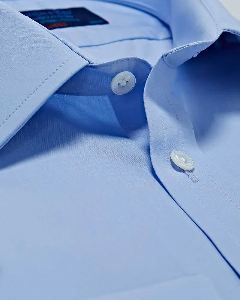 Classic Fit Plain Sky Blue Cotton Poplin Shirt with Classic Collar & Double Cuff