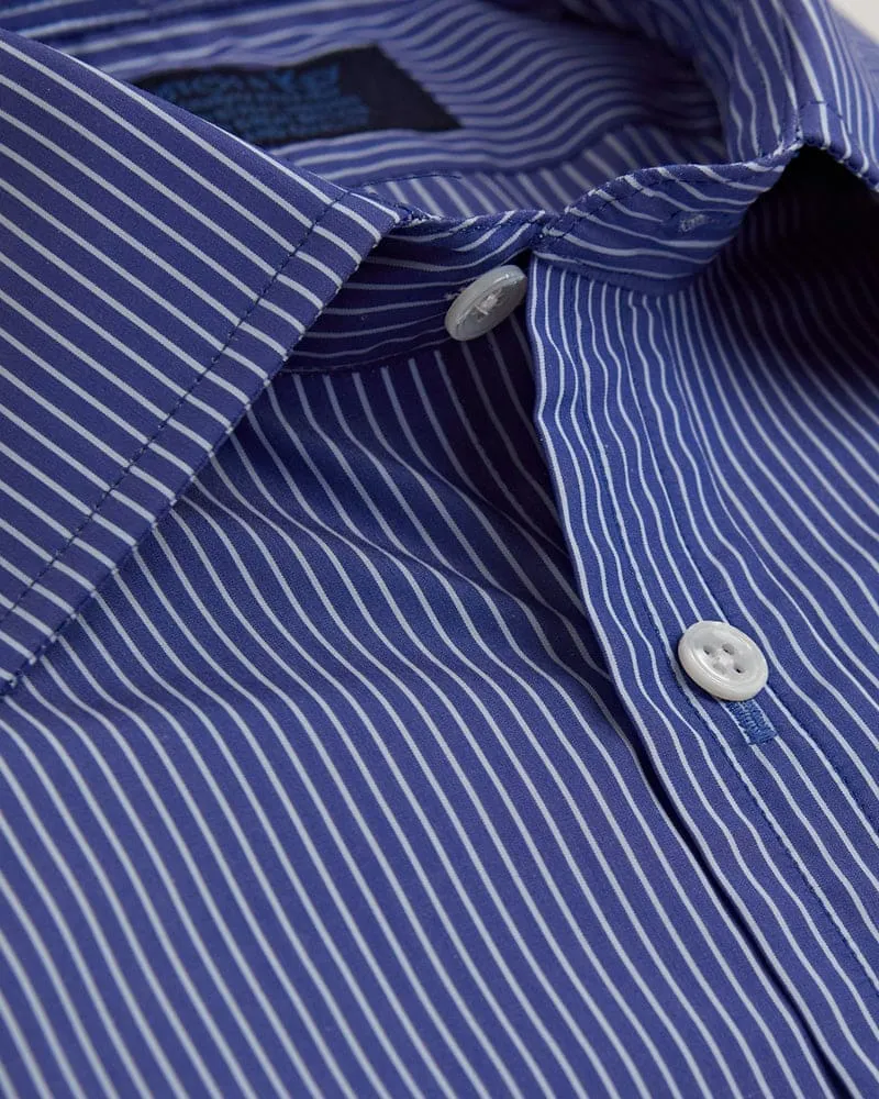 Contemporary Fit, Classic Collar, Two Button Cuff in Navy & White Stripe