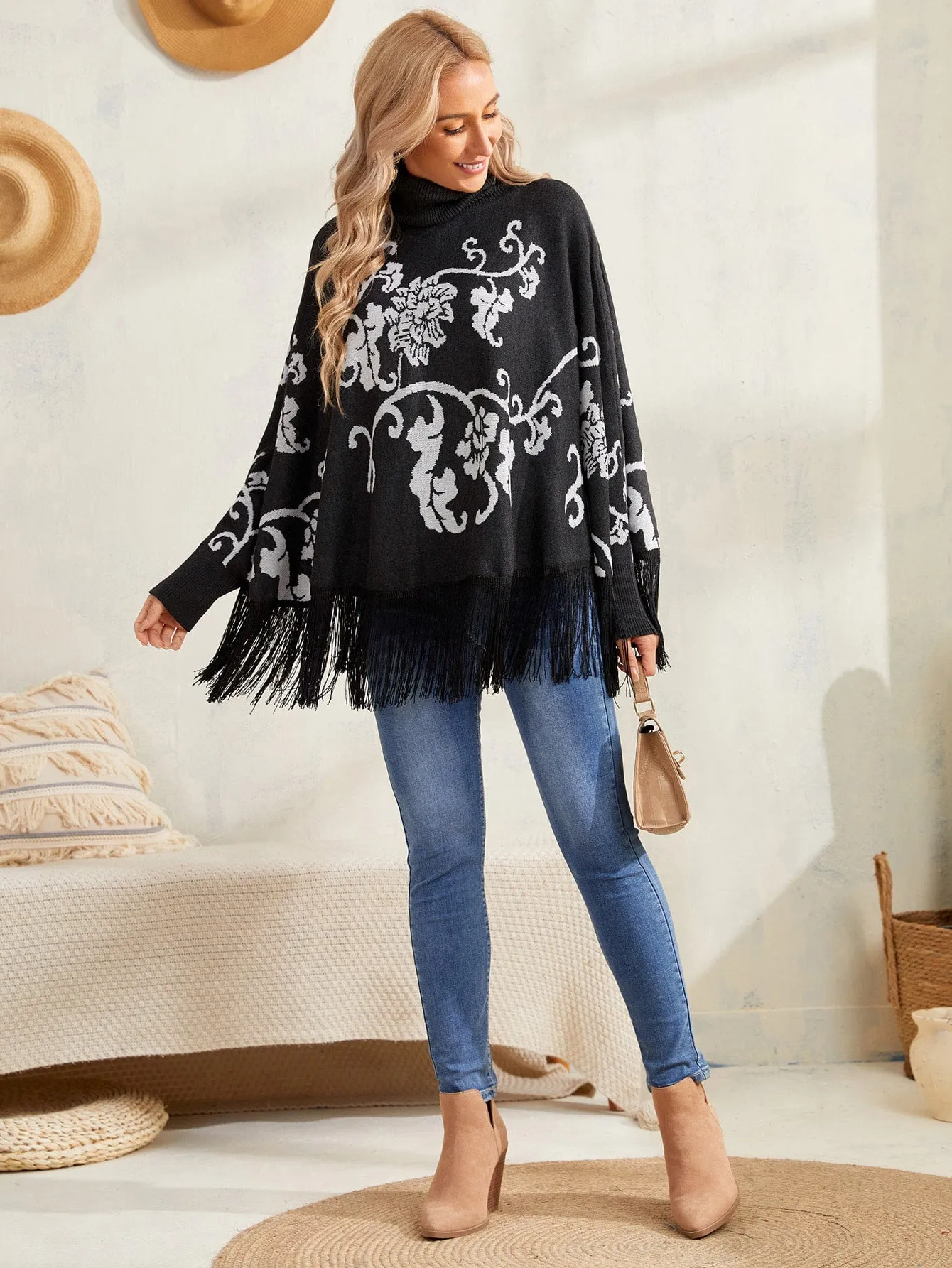 Elegant Floral Fringe Long Sleeve High Neck Regular Women Sweater