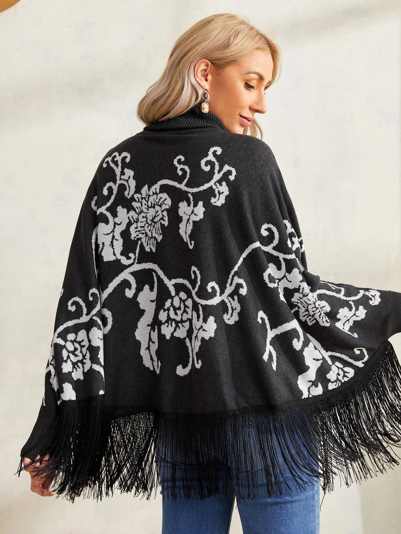 Elegant Floral Fringe Long Sleeve High Neck Regular Women Sweater