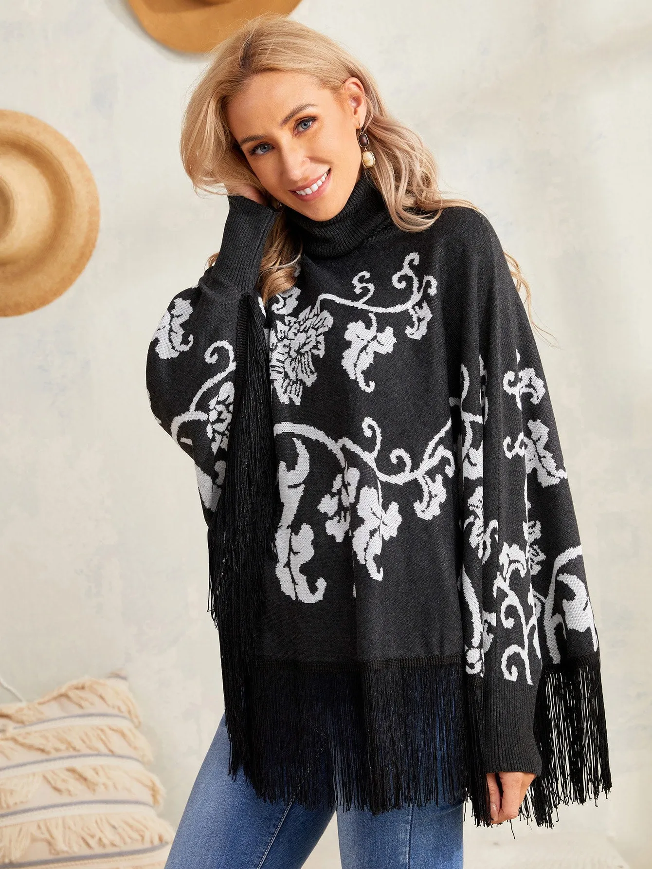 Elegant Floral Fringe Long Sleeve High Neck Regular Women Sweater