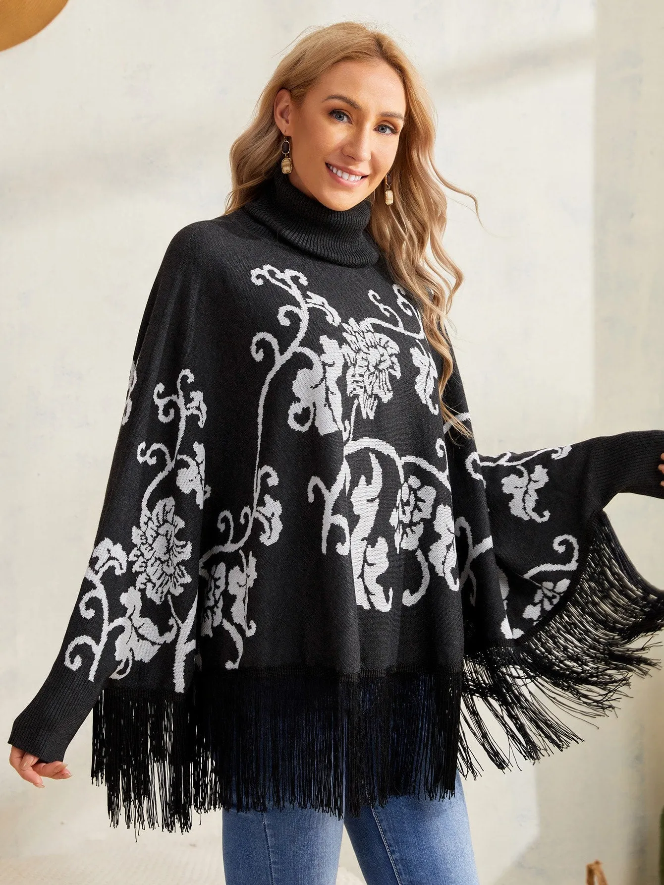 Elegant Floral Fringe Long Sleeve High Neck Regular Women Sweater