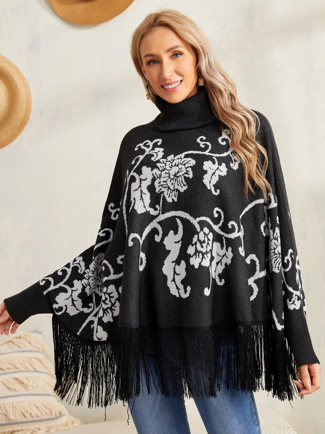 Elegant Floral Fringe Long Sleeve High Neck Regular Women Sweater