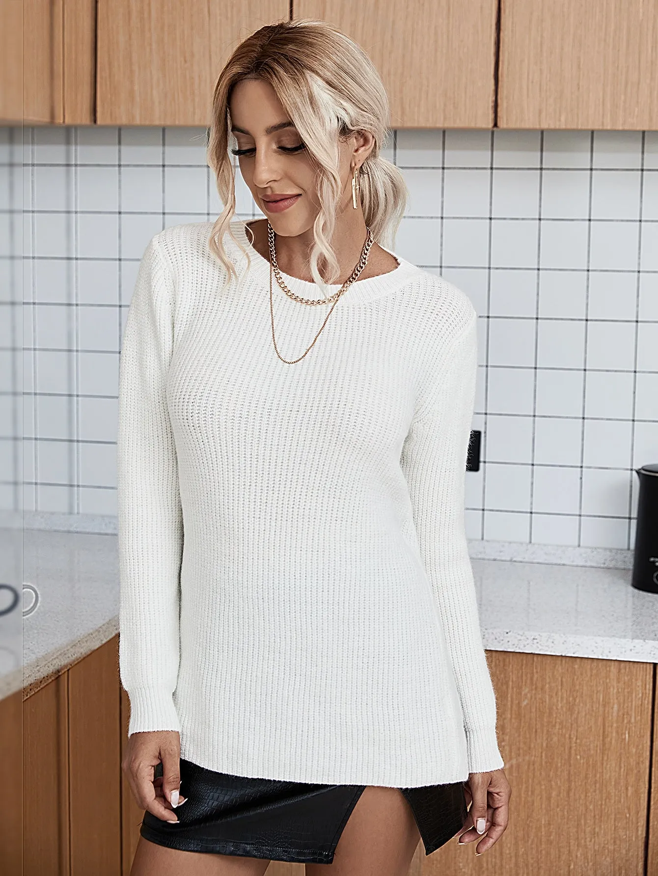 Elegant Plain Backless Long Sleeve Round Neck Asymmetrical Long Women Sweater