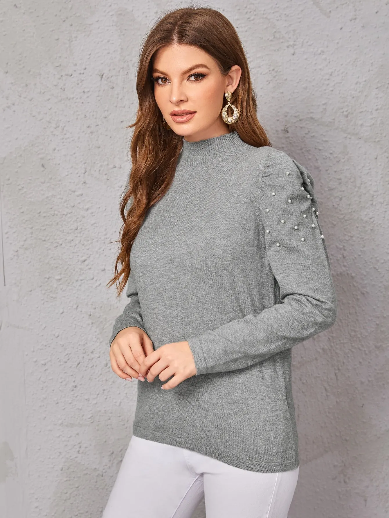 Elegant Plain Beaded Long Sleeve Stand Collar Regular Women Sweater