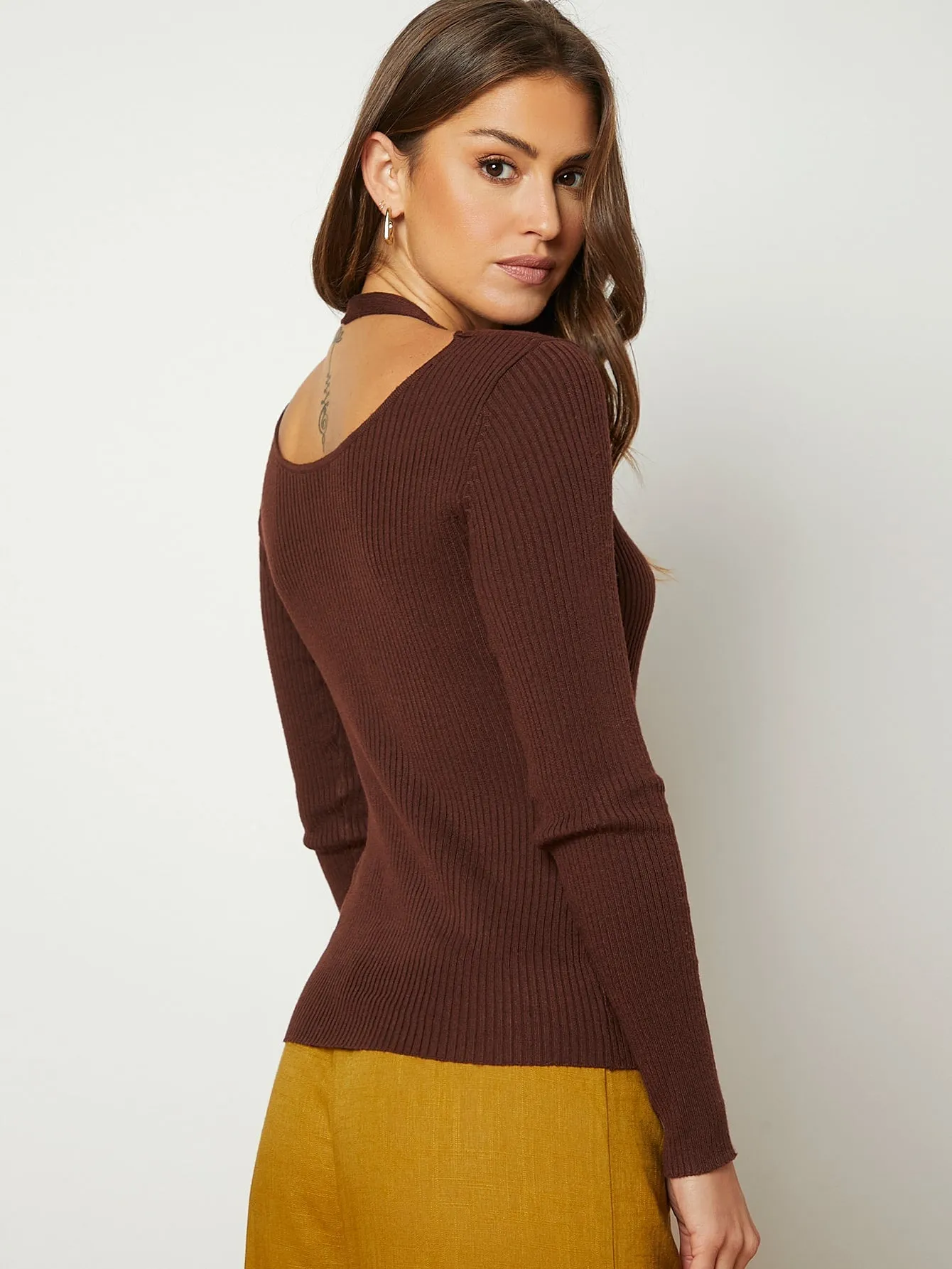 Elegant Plain Cut Out Long Sleeve V Neck Regular Women Sweater