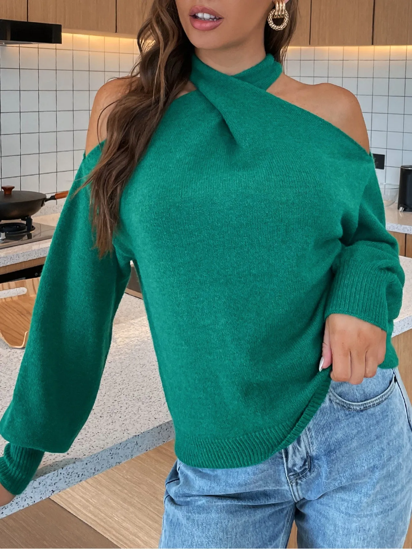 Elegant Plain Ruched Long Sleeve Halter Regular Women Sweater