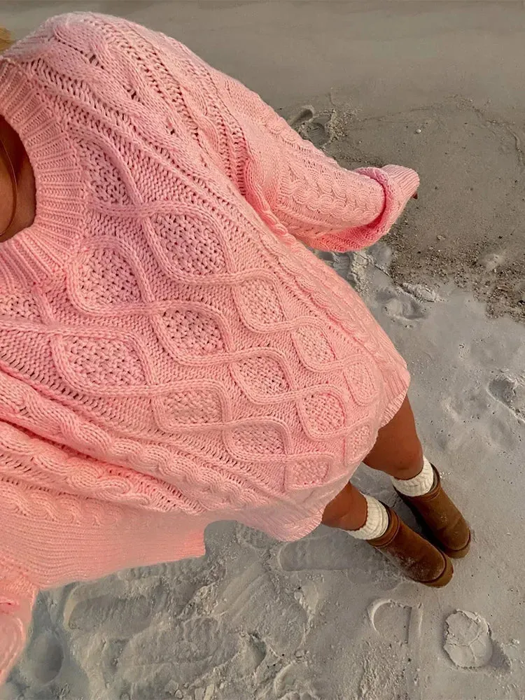 Elegant Sweet Pink Oversized Twist Knitted Pullover Women Casual O Neck Sweater