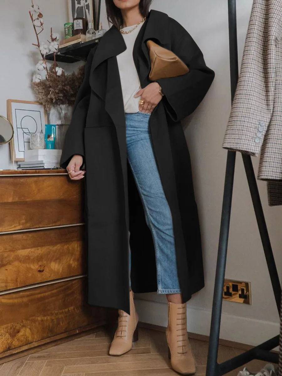 Fashion Casual Solid Color Big Pocket Long Sleeve Lapel Coat