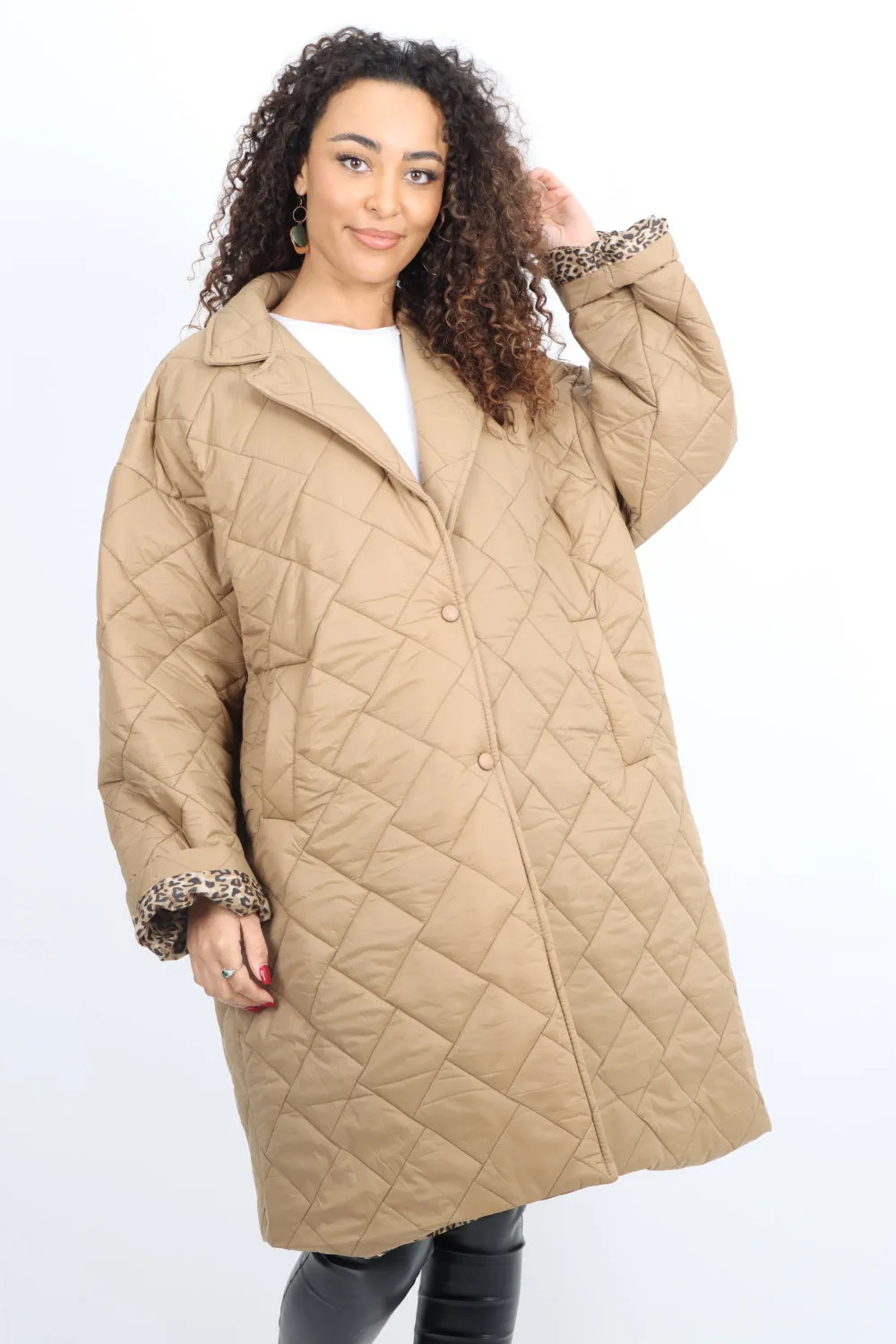 Leopard Lined Quilted Padded Longline Jacket