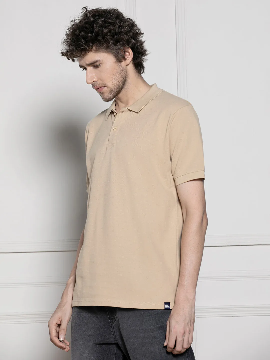 Men's Beige Solid Polo Collar T-shirt