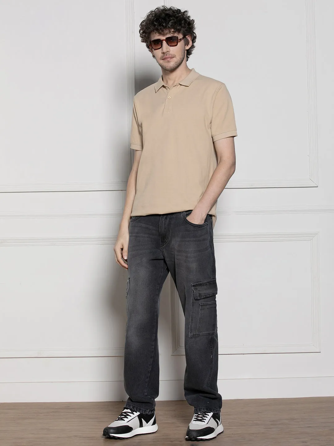 Men's Beige Solid Polo Collar T-shirt