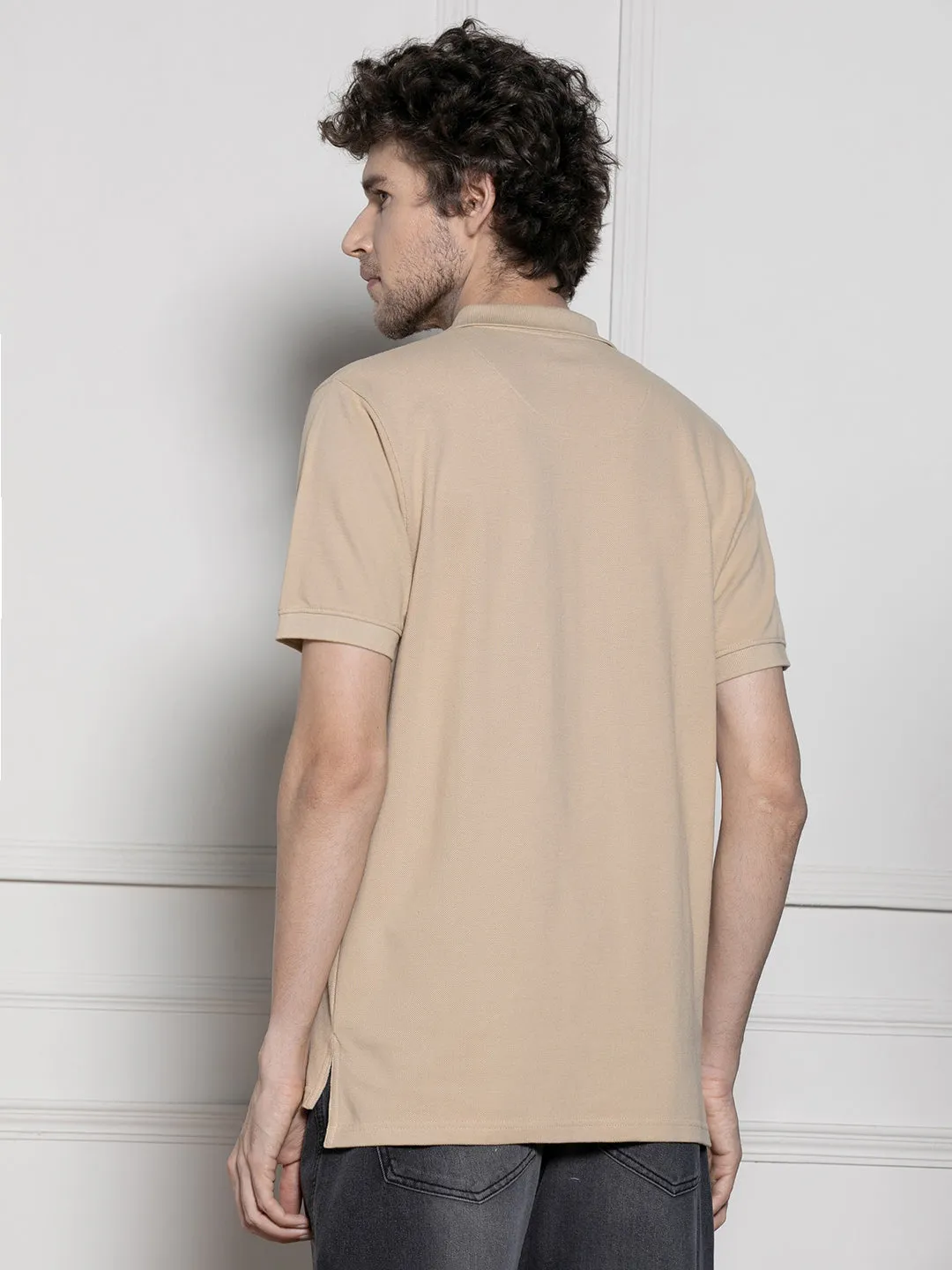 Men's Beige Solid Polo Collar T-shirt