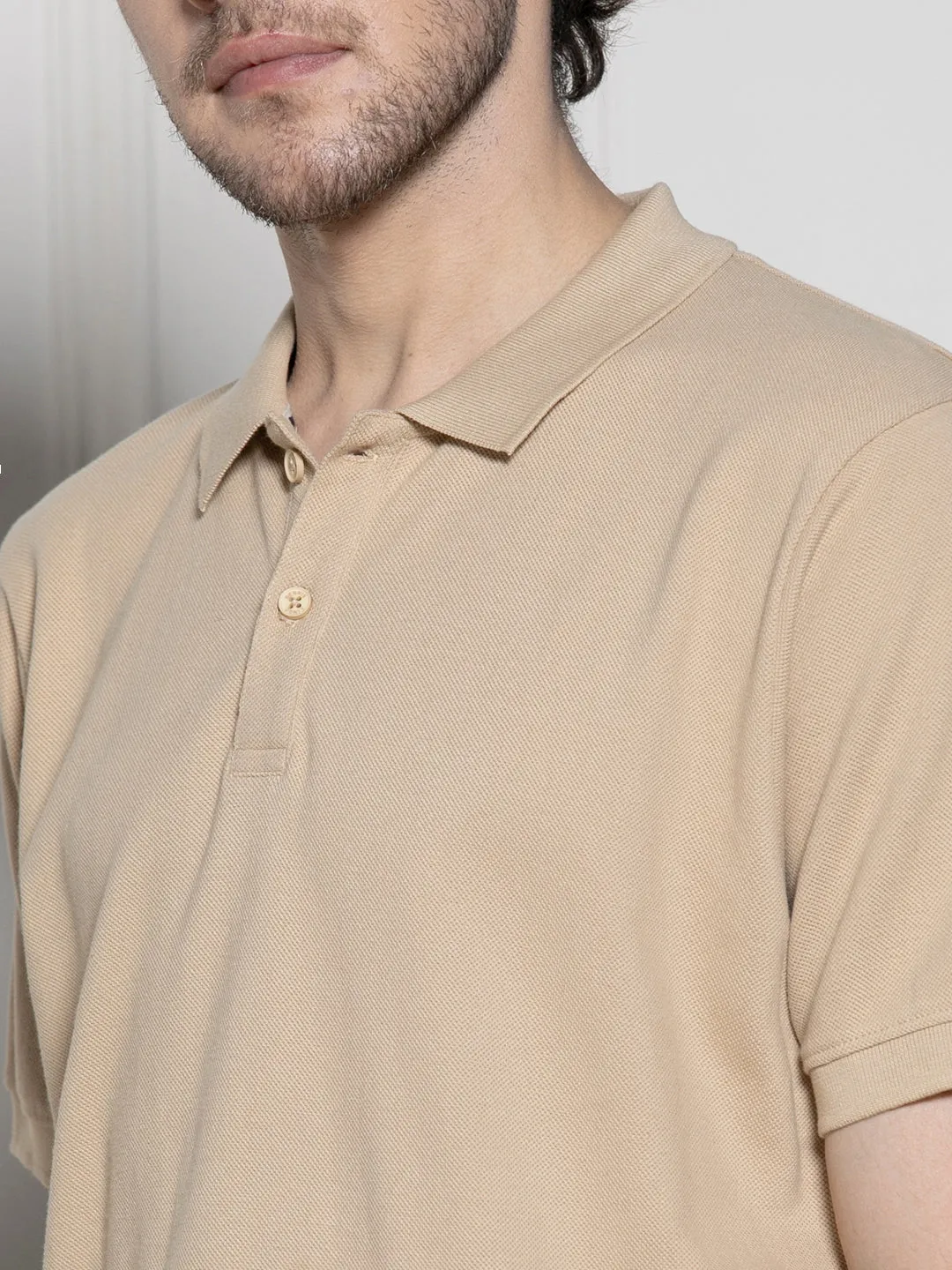 Men's Beige Solid Polo Collar T-shirt