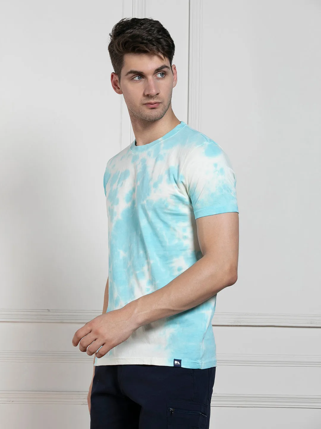 Men's Blue Round Neck Dyed Regular Fit T-Shirt