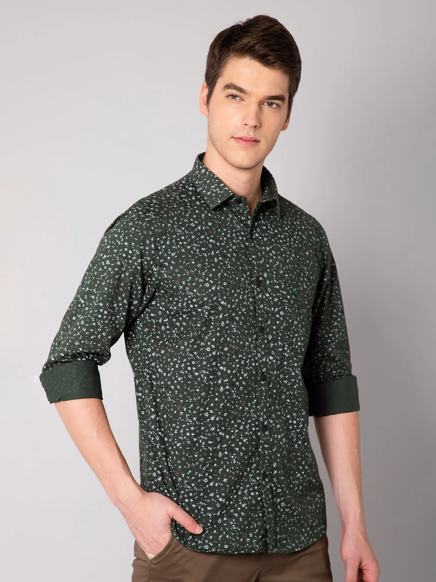 Men's Dark Green Casual Floral Print Full Sleeve Shirt