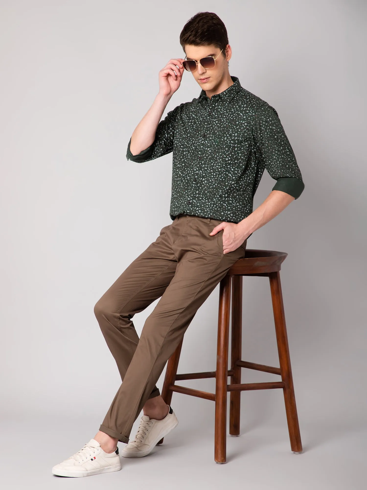 Men's Dark Green Casual Floral Print Full Sleeve Shirt