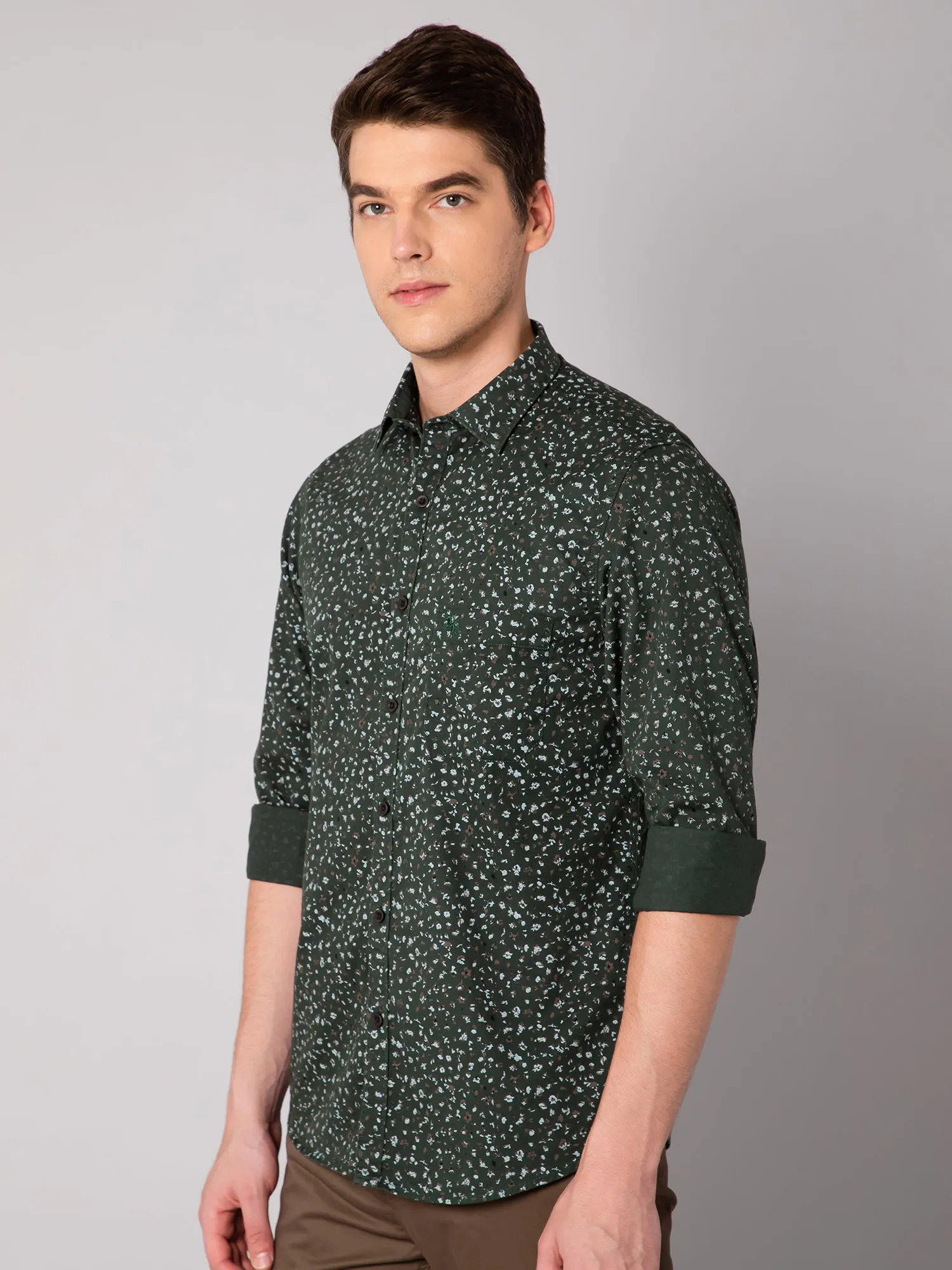 Men's Dark Green Casual Floral Print Full Sleeve Shirt