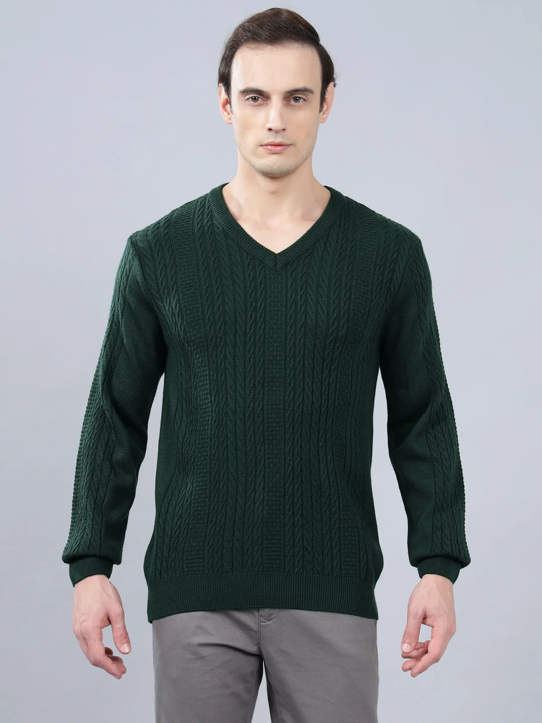 Men's Jacquard Dark Green Full Sleeve Sweater