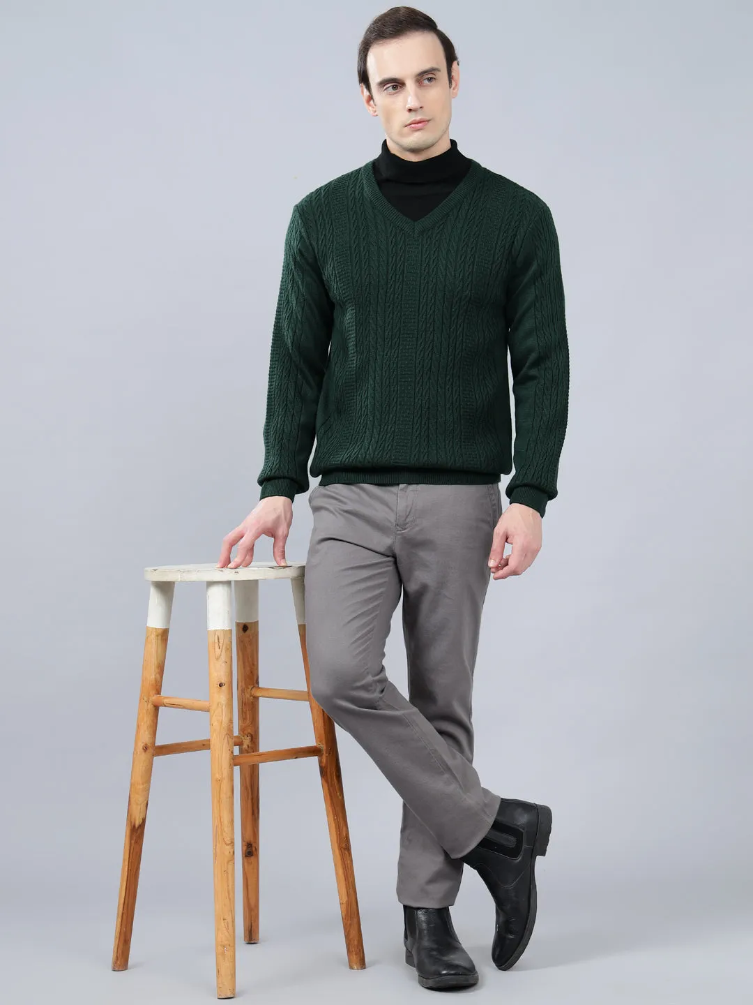 Men's Jacquard Dark Green Full Sleeve Sweater