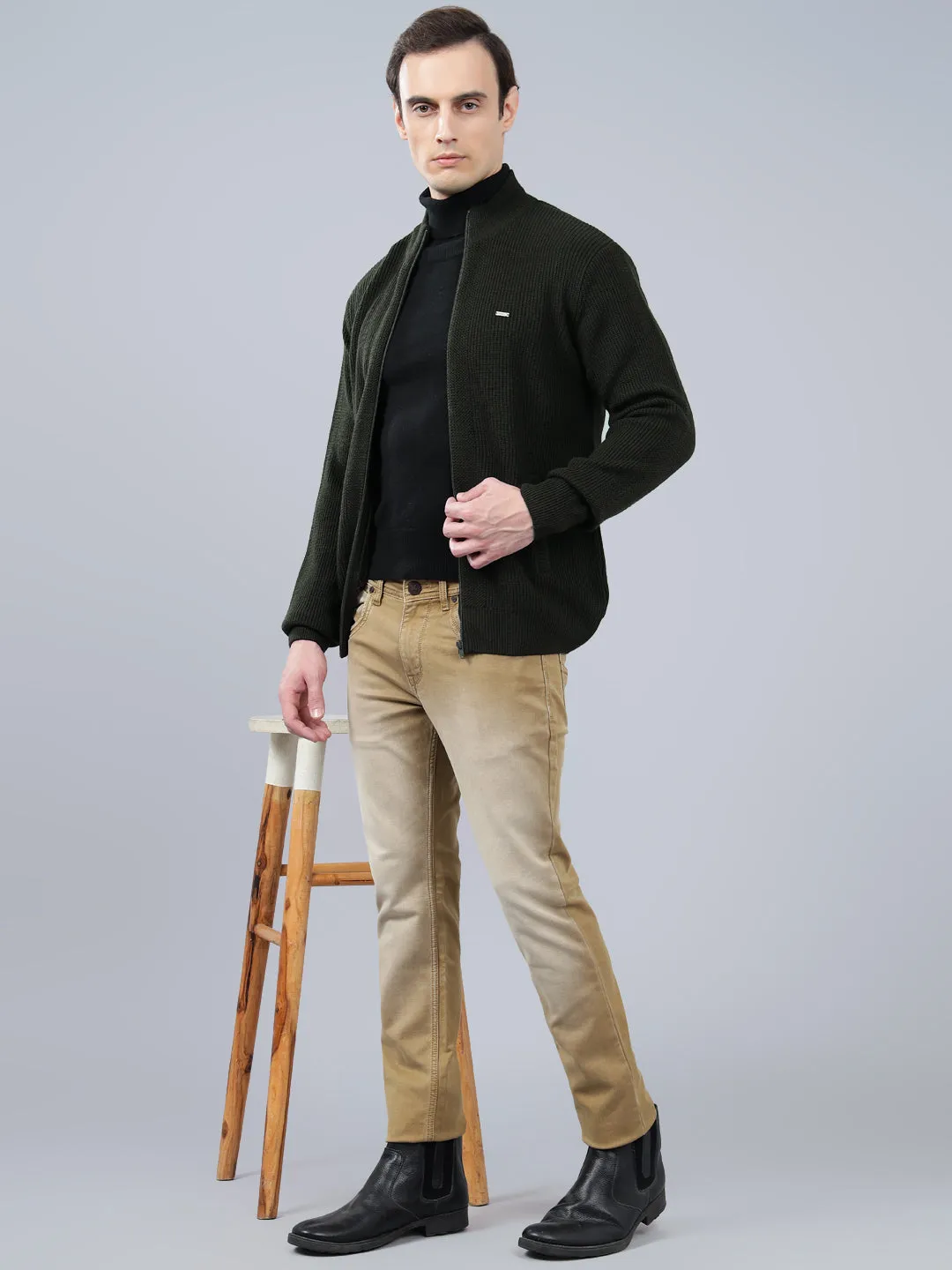 Men's Jacquard Olive Green Full Sleeve Sweater