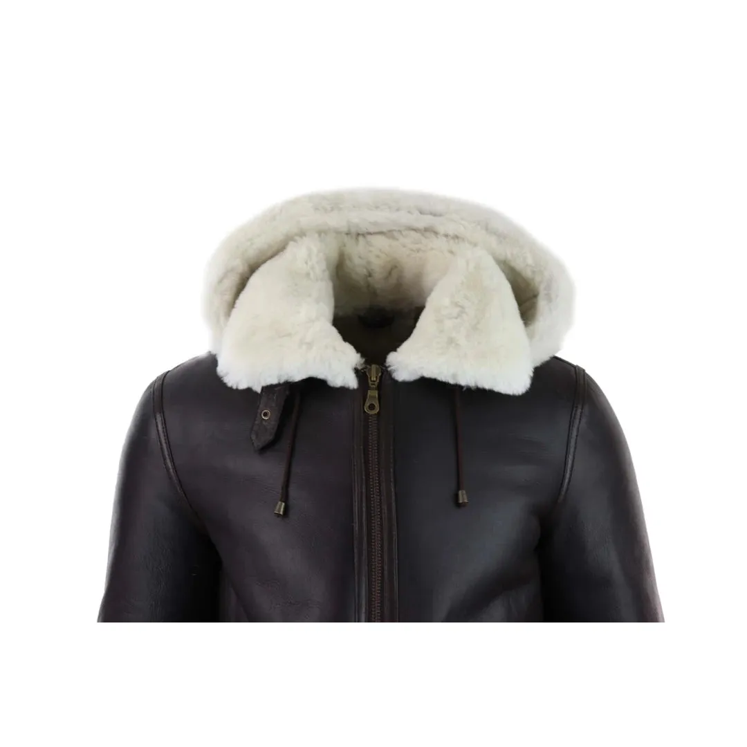 Men's Leather Sherling Sheepskin Hood Jacket Aviator Flying Pilot