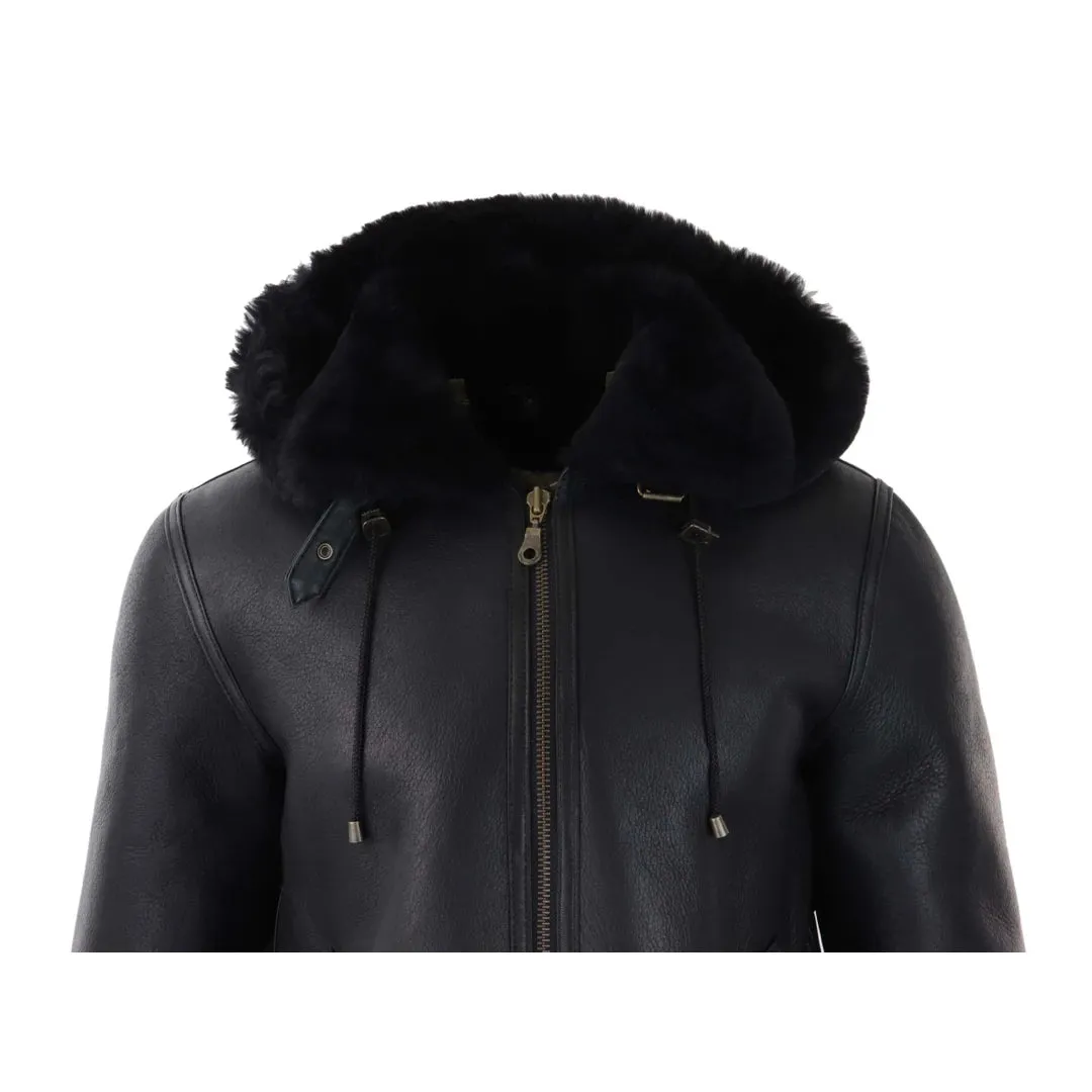 Men's Leather Sherling Sheepskin Hood Jacket Aviator Flying Pilot