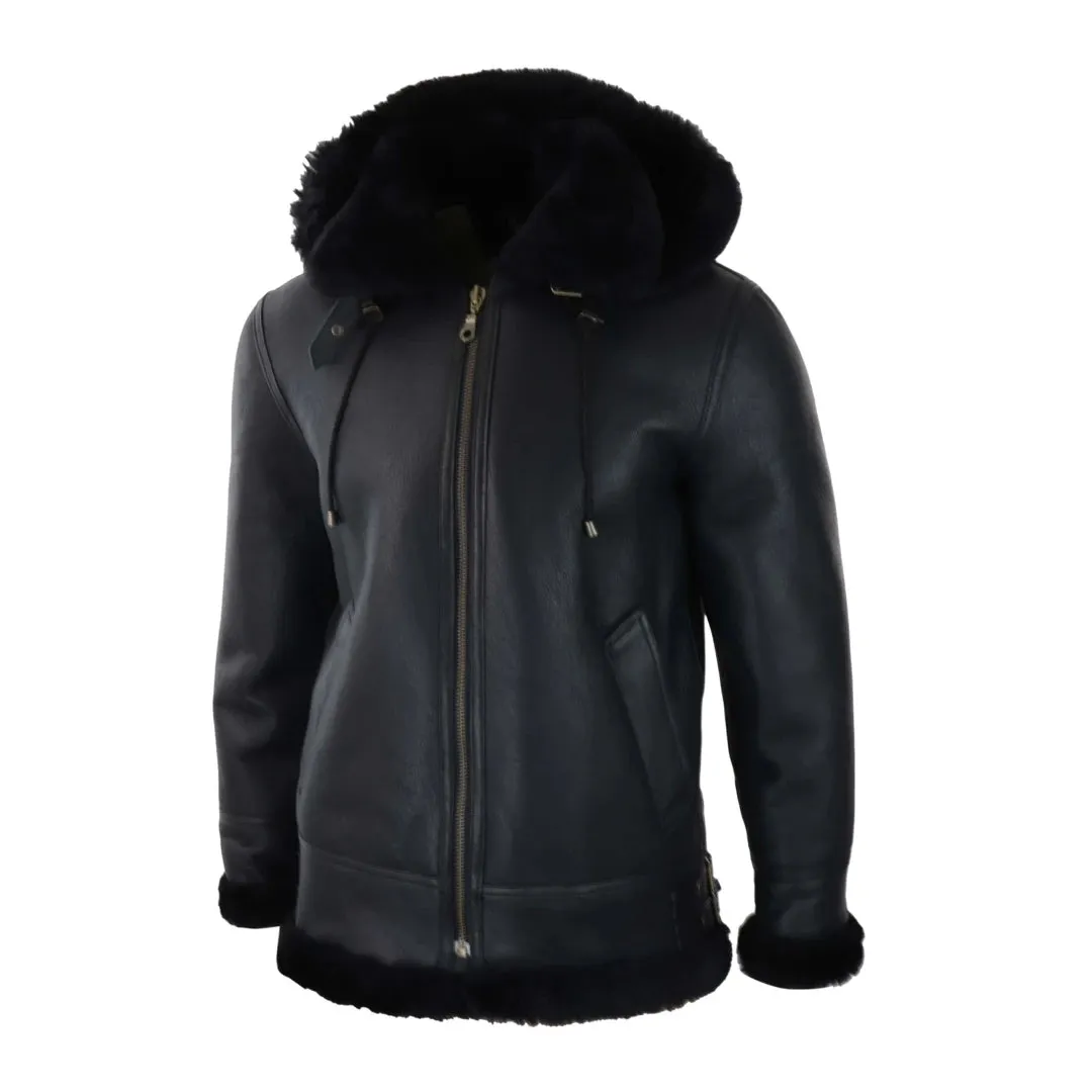 Men's Leather Sherling Sheepskin Hood Jacket Aviator Flying Pilot