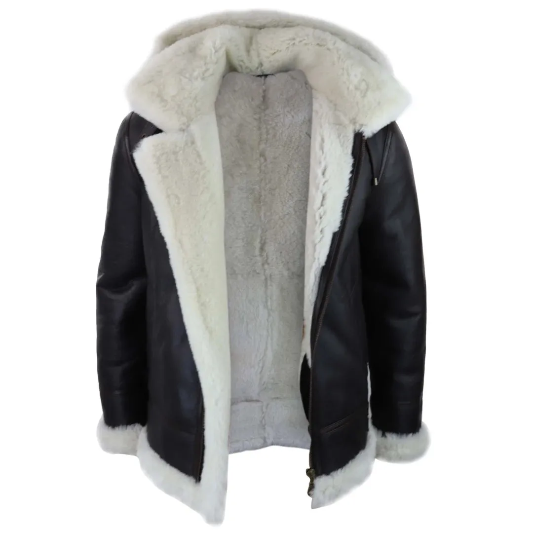 Men's Leather Sherling Sheepskin Hood Jacket Aviator Flying Pilot