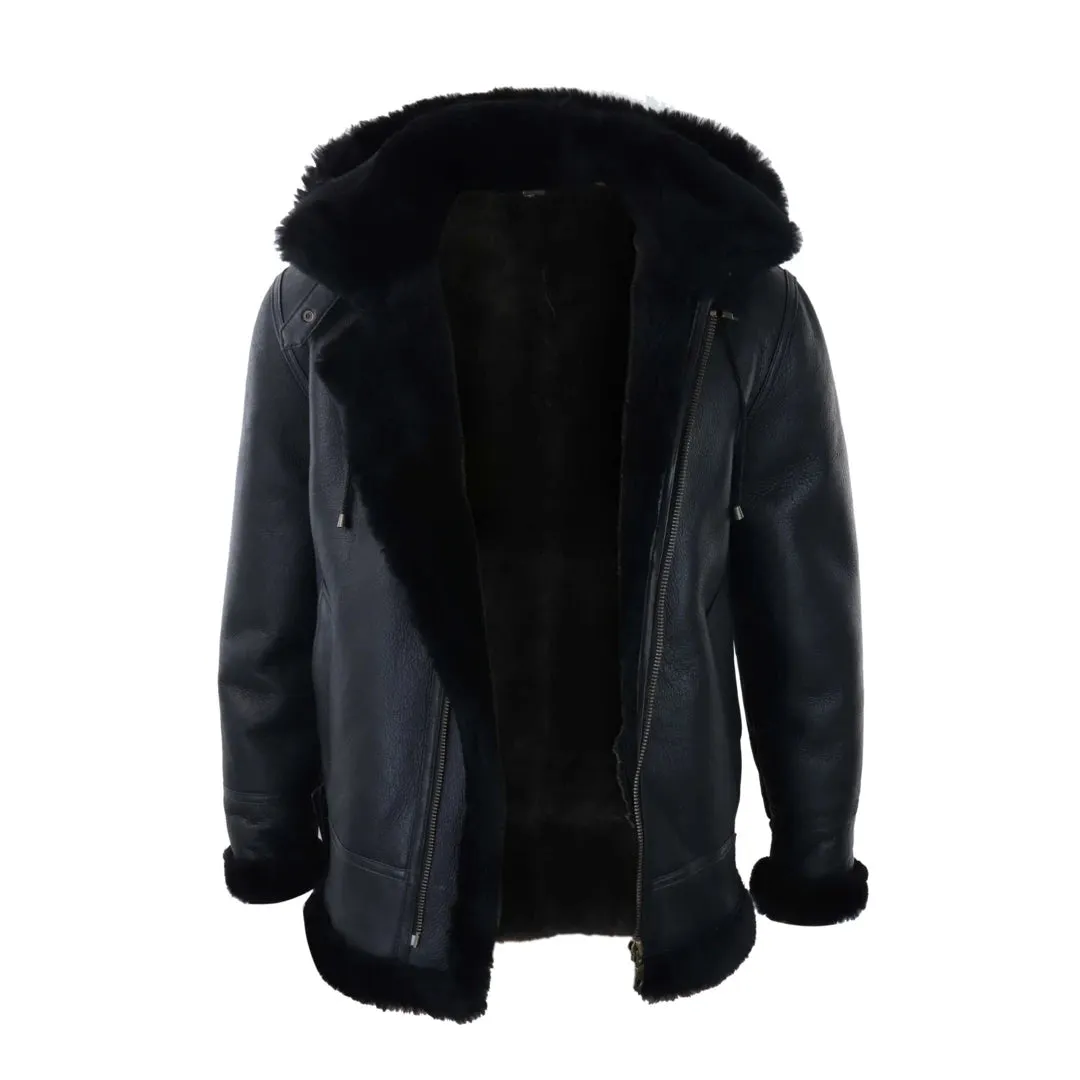 Men's Leather Sherling Sheepskin Hood Jacket Aviator Flying Pilot