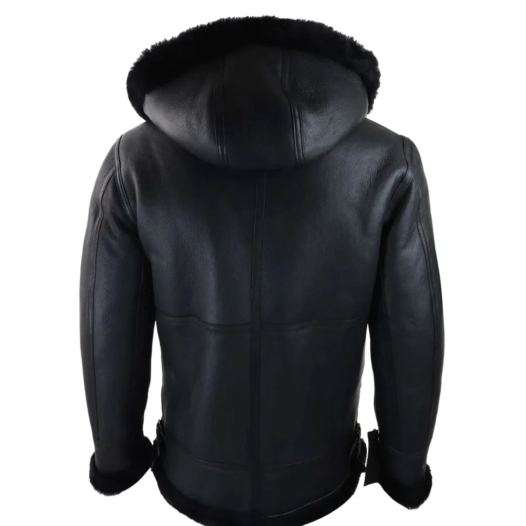 Men's Leather Sherling Sheepskin Hood Jacket Aviator Flying Pilot