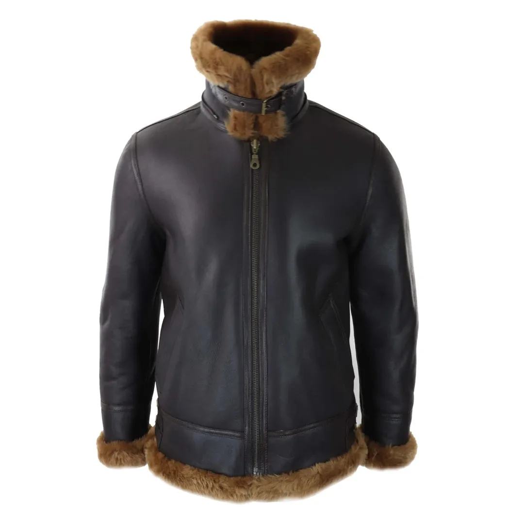 Men's Leather Sherling Sheepskin Hood Jacket Aviator Flying Pilot