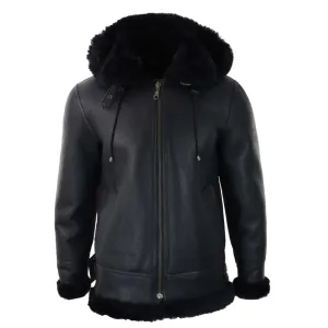 Men's Leather Sherling Sheepskin Hood Jacket Aviator Flying Pilot