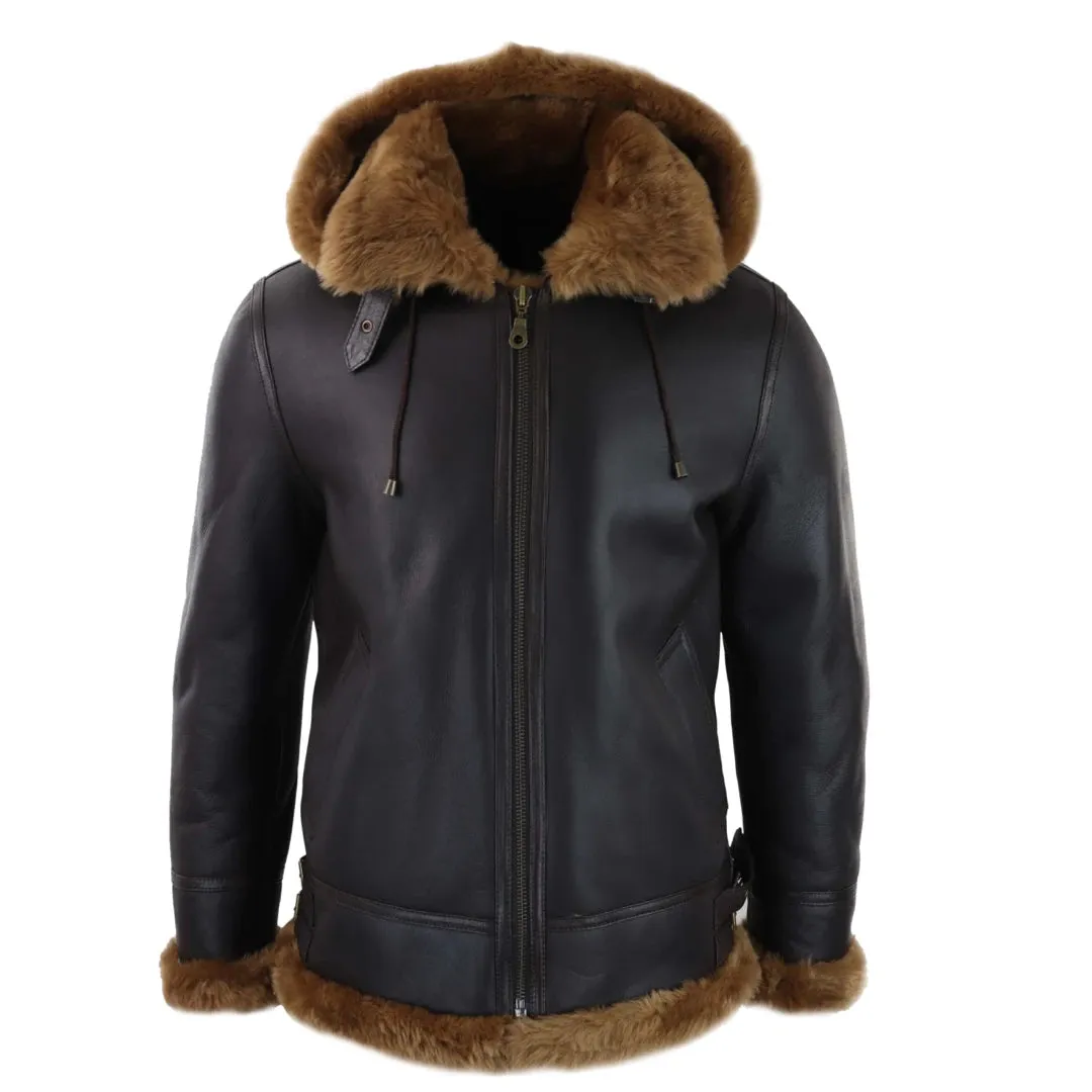 Men's Leather Sherling Sheepskin Hood Jacket Aviator Flying Pilot